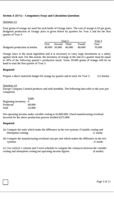  Section A (31%) - Compulsory Essay and Calculation Questions Question Al