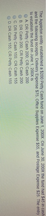  The Appleton entity established a $200 Petty Cash fund on June