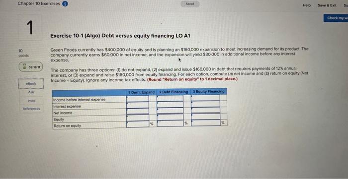  Exercise 10-1 (Algo) Debt versus equity financing LO A1 Green Foods