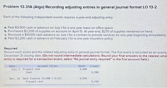please help Problem 13-31A (Algo) Recording adjusting entries in general journal format