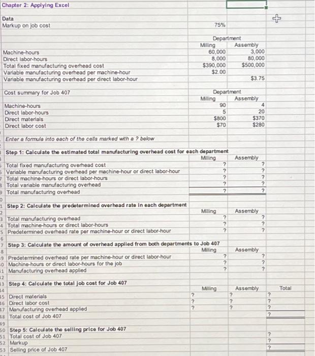  Chapter 2: Applying Excel Data Markup on job cost 75% Department