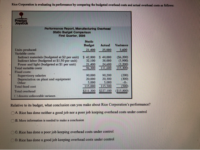  Rice Corporation is evaluating its performance by comparing the budgeted overhead