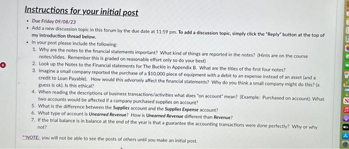  Instructions for your initial post - Due Friday 09/08/23 - Add