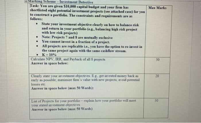  Max Marks Marking Scheme - Investment Detective Task: You are given