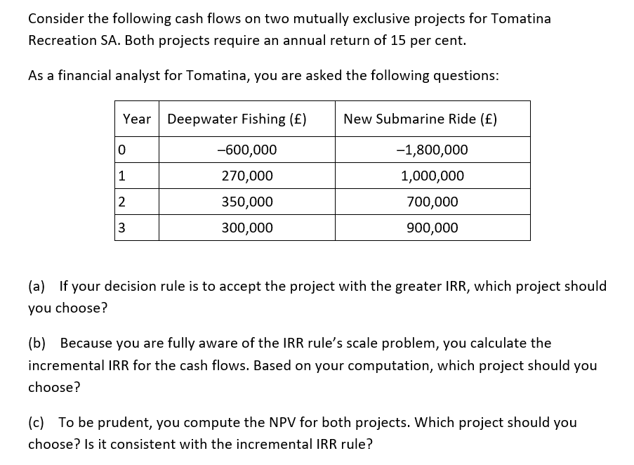  Consider the following cash flows on two mutually exclusive projects for