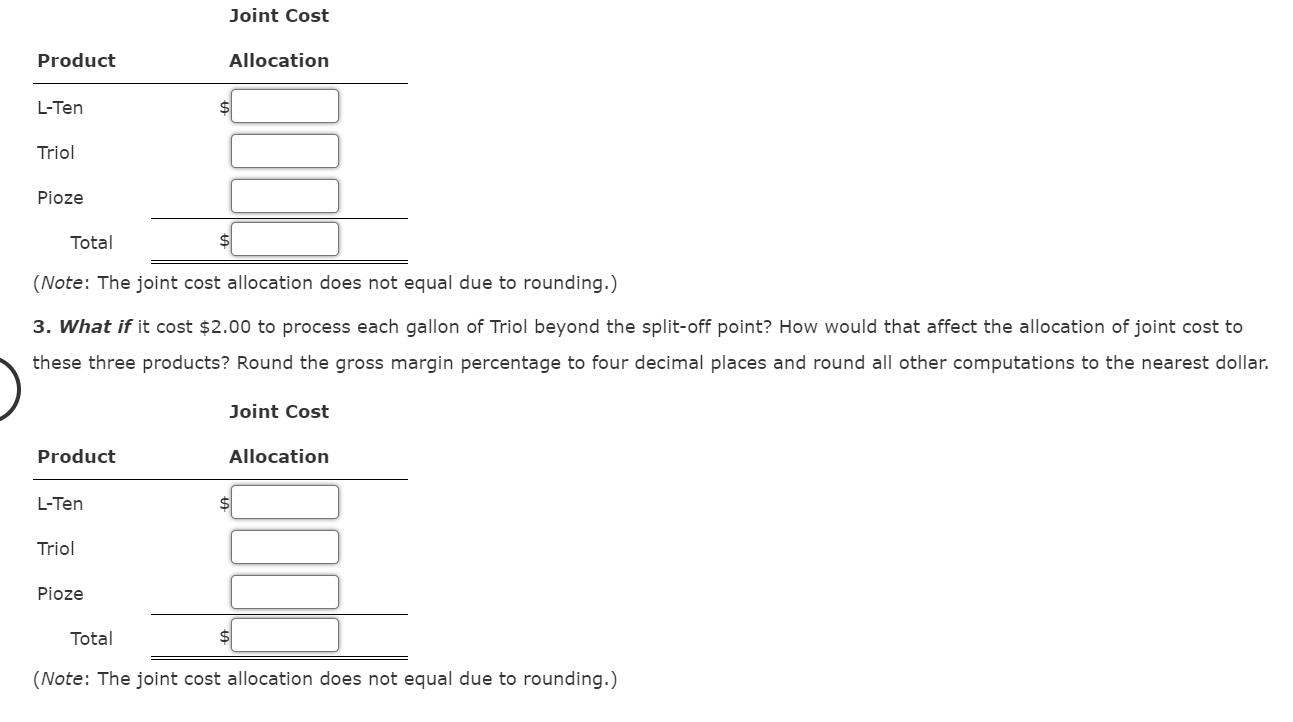 manufactures three products, L-Ten, Triol, and Pioze, from a joint process. Each