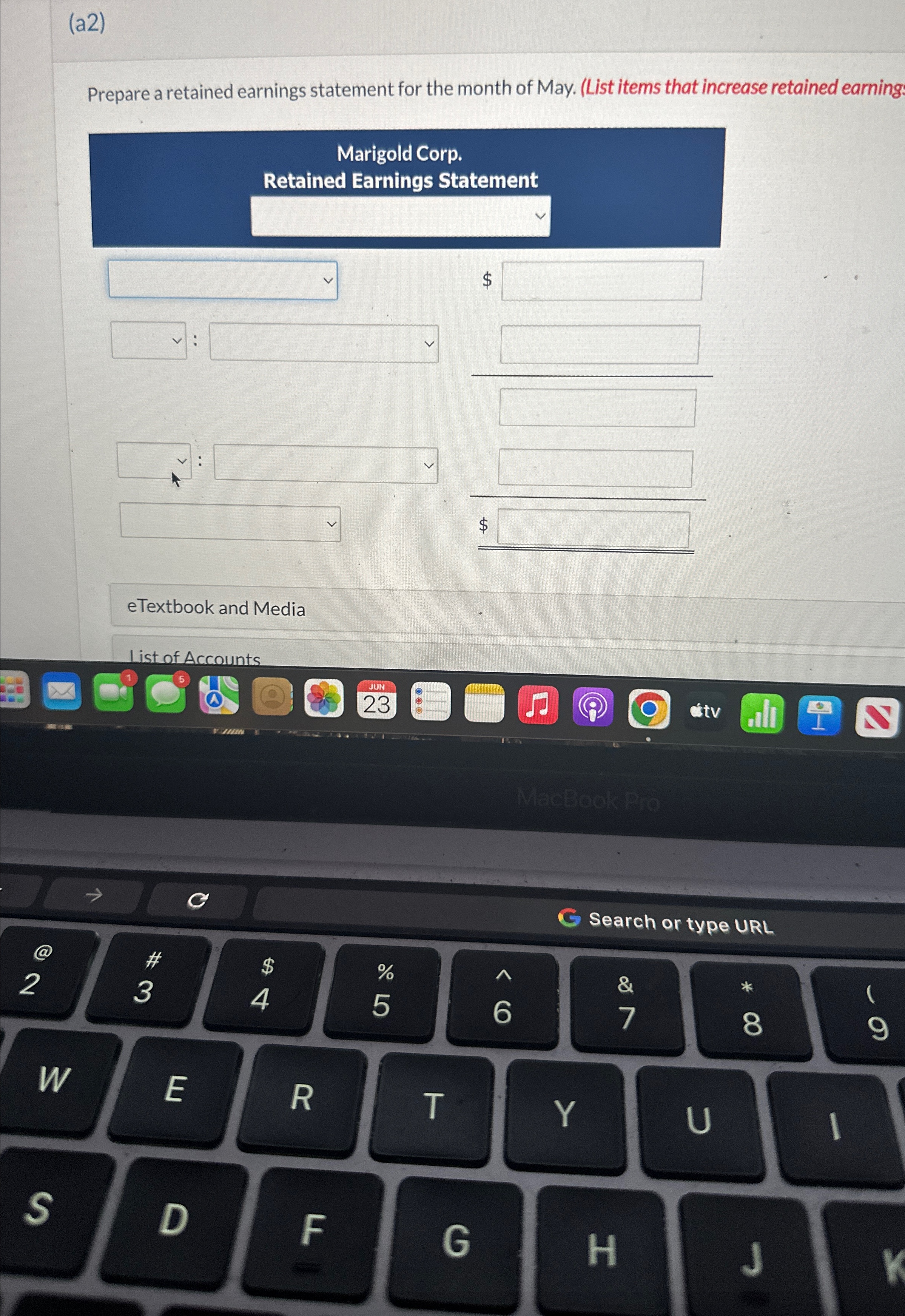  (a2) Prepare a retained earnings statement for the month of May.