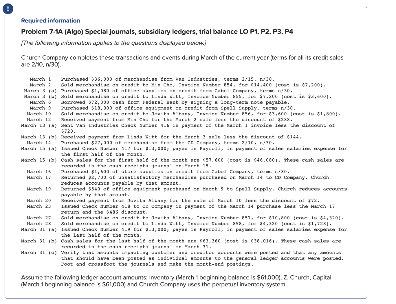 Please help me answer these questions. :) Problem 7-1A (Algo) Special journals,