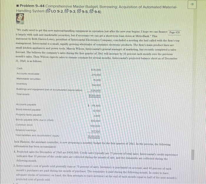  * Problem 9-44 Comprehensive Master Budget; Borrowing; Acquisition of Automated Material-