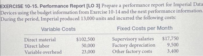  EXERCISE 10-15. Performance Report [LO 3] Prepare a performance report for