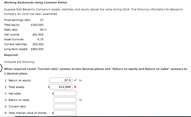  Working Backwards Using Common Ratios Suppose that Benjamin Company's assets, liabilities,