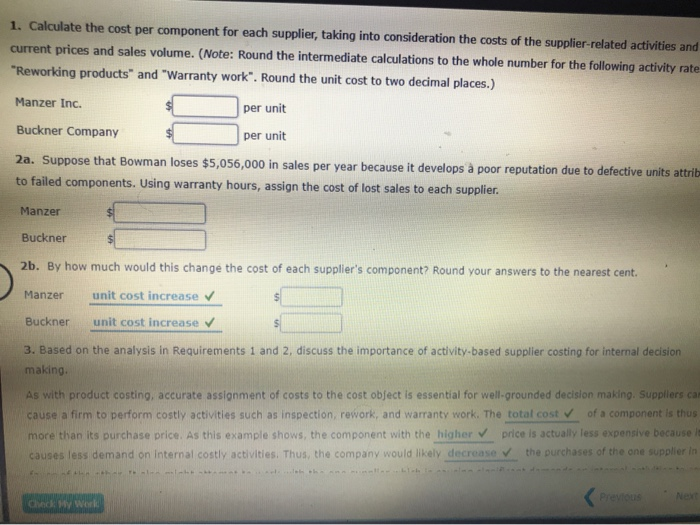  1. Calculate the cost per component for each supplier, taking into