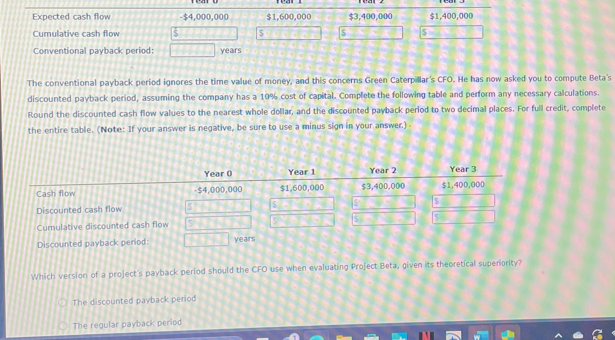  \table[[,Year 0,Year 1,Year 2,Year 3],[Expected cash flow,-$4,000,000,$1,600,000, The conventional payback period