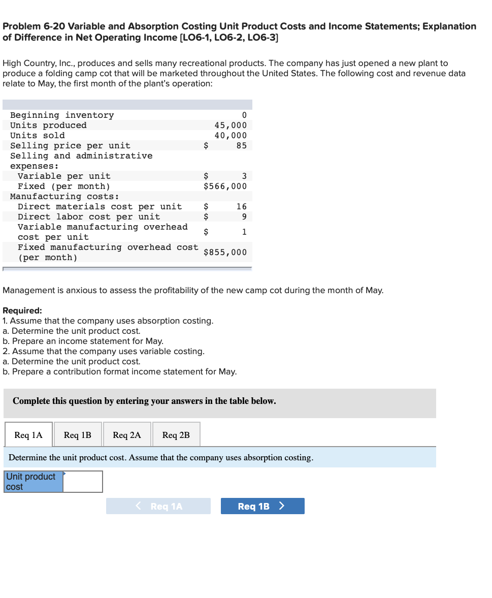  Problem 6-20 Variable and Absorption Costing Unit Product Costs and Income