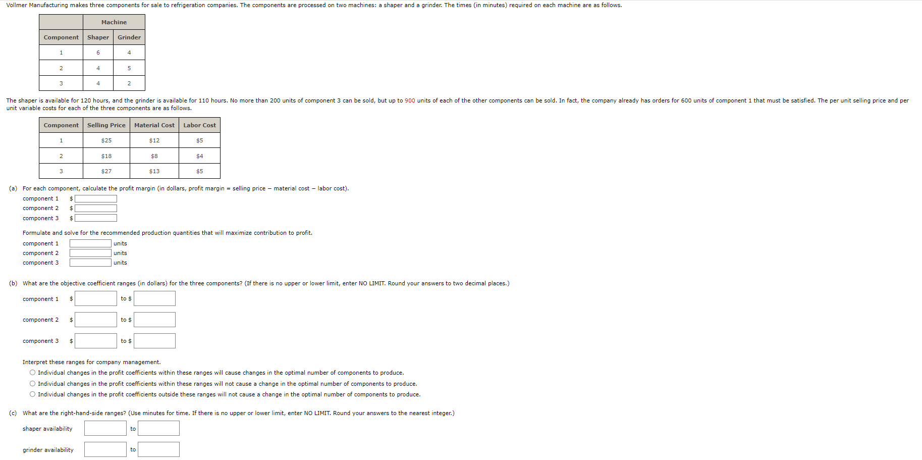 Vollmer Manufacturing makes three components for sale to refrigeration companies. The components