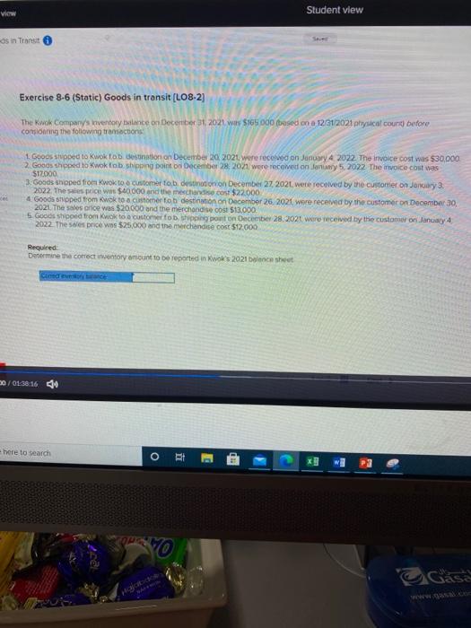  VIEW Student view as in Transit Se Exercise 8-6 (Static) Goods