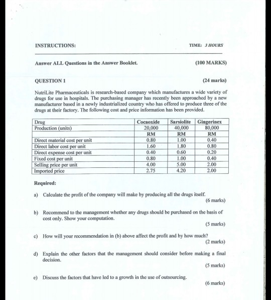 INSTRUCTIONS: TIME: 3 HOURS Answer ALL Questions in the Answer Booklet.