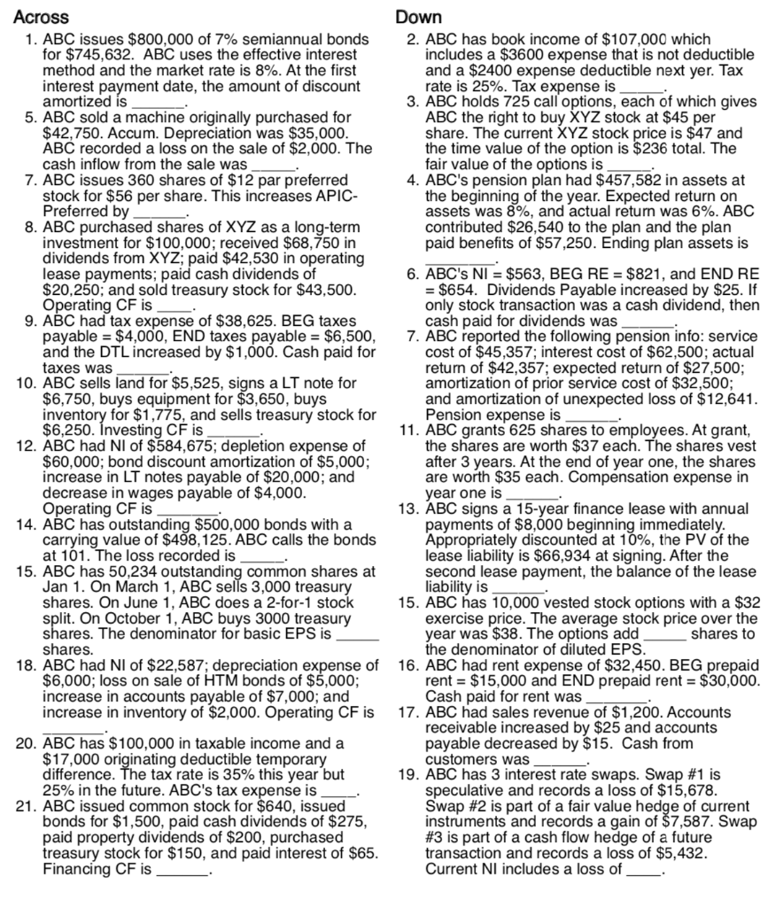 Across Down 1. ABC issues $800.000 of 7% semiannual bonds 2. ABC