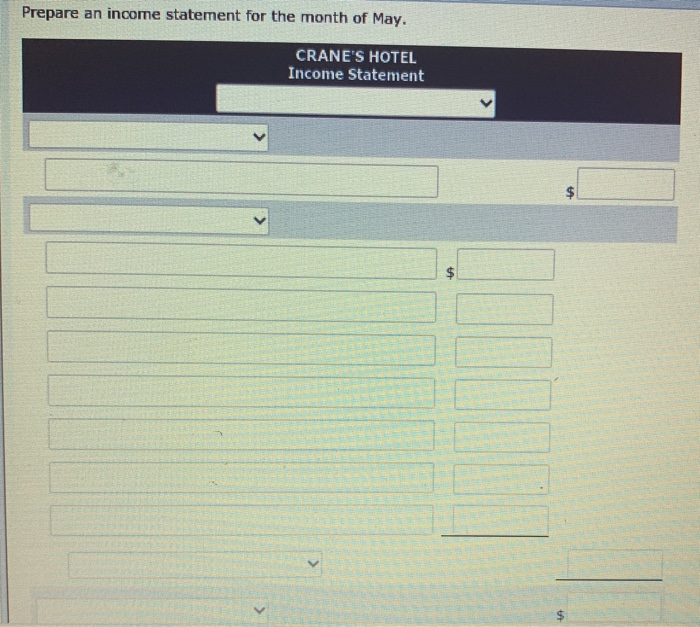 the chart of accounts for Cranes Hotel contains the following accounts and