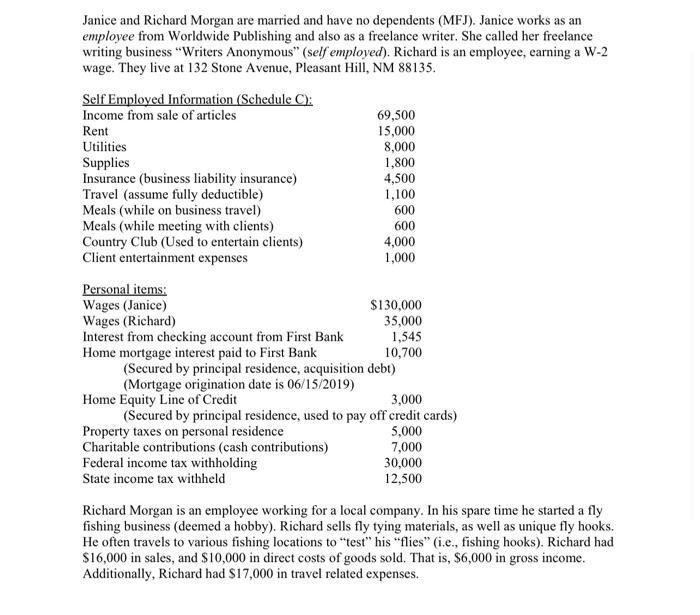  Janice and Richard Morgan are married and have no dependents (MFJ).