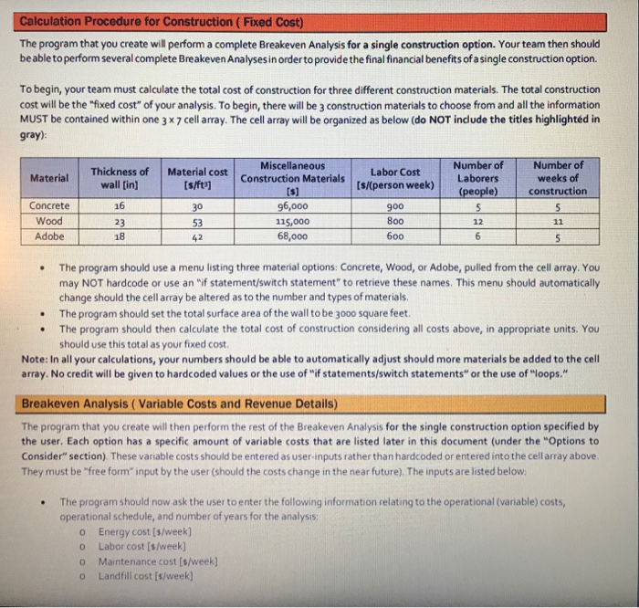  Calculation Procedure for Construction (Fixed Cost) The program that you create