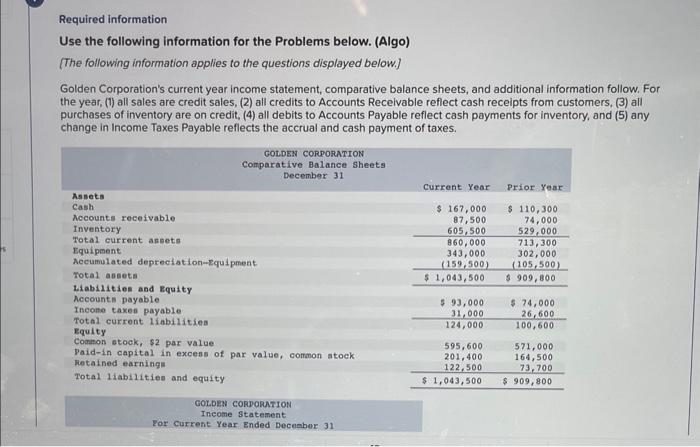  Required information Use the following information for the Problems below. (Algo)