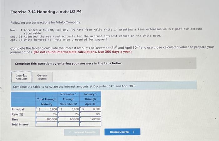  please answer all Exercise 7-14 Honoring a note LO P4 Following