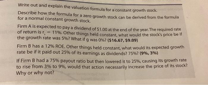  Write out and explain the valuation formula for a constant growth