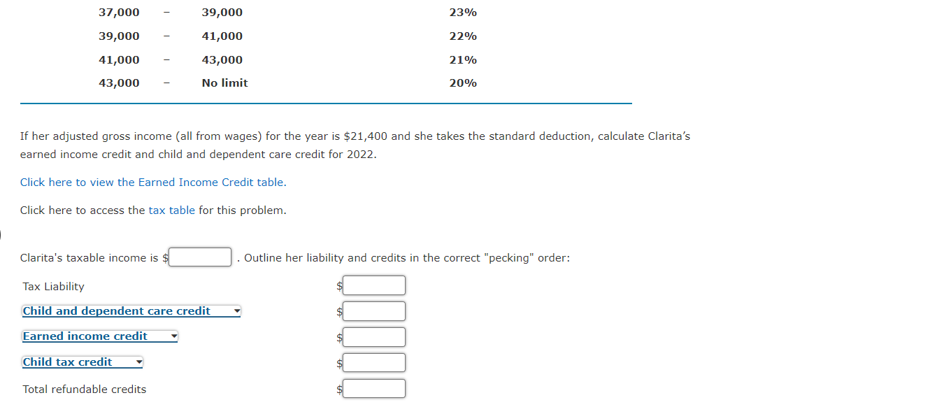 CHILD AND DEPENDENT CARE CREDIT PERCENTAGES If her adjusted gross income (all
