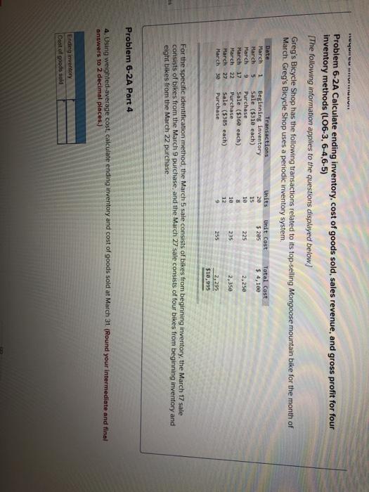 6-2A Calculate ending inventory. cost of goods sold, sales revenue, and gross