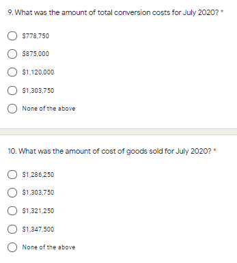 for July 2020. $87,500 17.500 297,500 $98.250 35,000 262,500 Inventories (Beginning): Raw