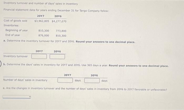 need some assitance in solving this please Inventory turnover and number of