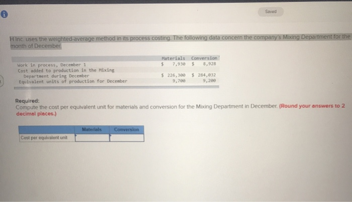  Saved Hinc uses the weighted average method in its process costing.