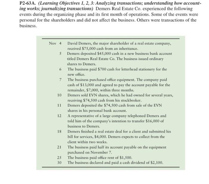  P2-63A. (Learning Objectives 1, 2, 3: Analyzing transactions; understanding how accounting
