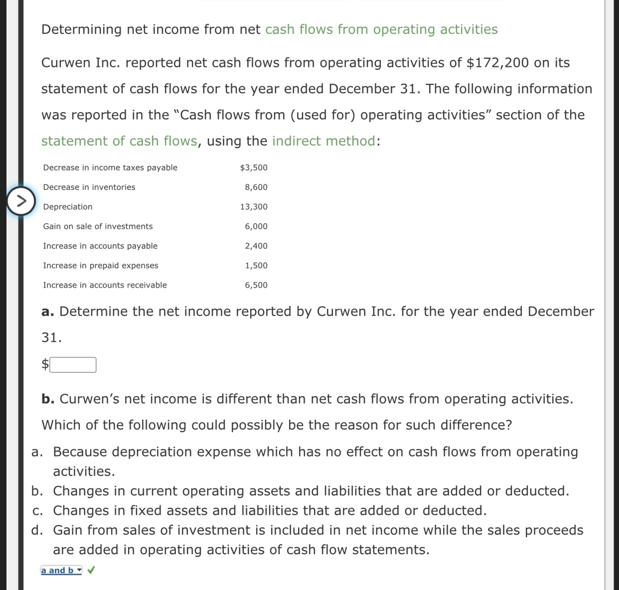 Determining net income from net cash flows from operating activities Curwen