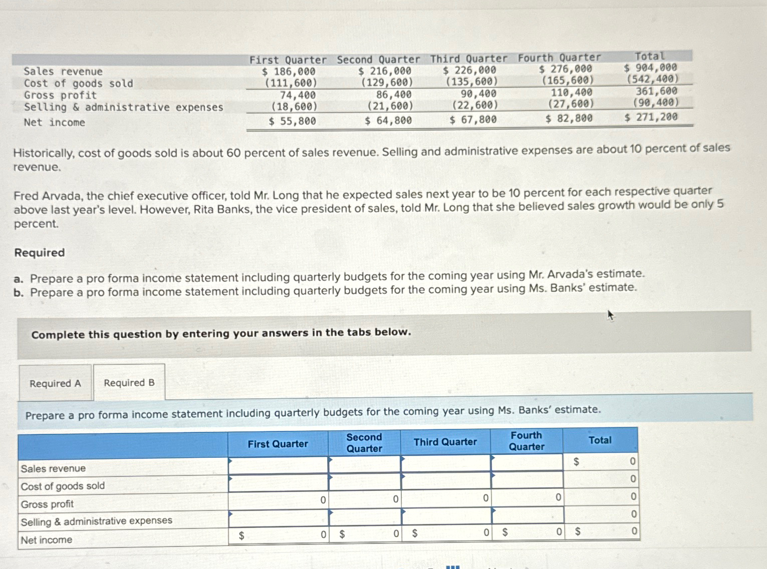  \table[[,First Quarter,Second Quarter,Third Quarter Fourth Quarter,Total,],[Sales revenue,$186,000,$216,000,$226,000,$276,000,$904,000 