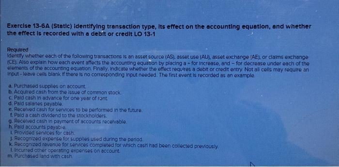  Exerclse 13.6A (Static) identifying transaction type, its effect on the accounting