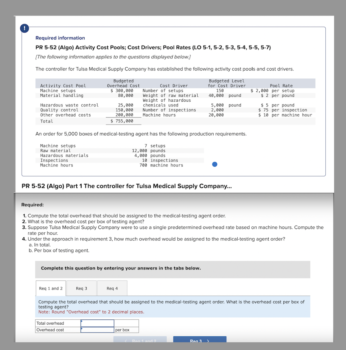 Required information PR 5-52 (Algo) Activity Cost Pools; Cost Drivers; Pool