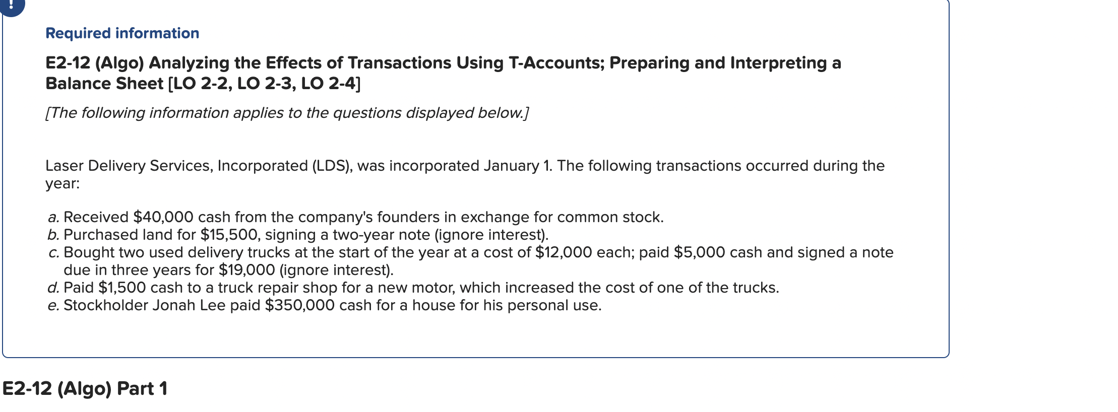 Required information E2-12 (Algo) Analyzing the Effects of Transactions Using T-Accounts;
