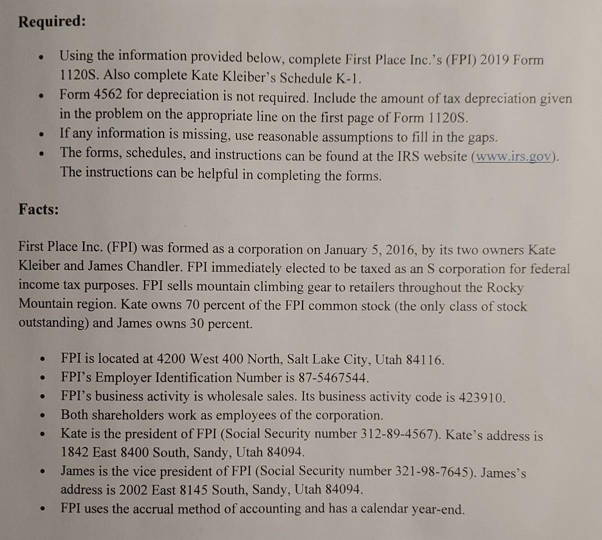 Help with completing Form 1120s. Thank you. Required: Using the information provided