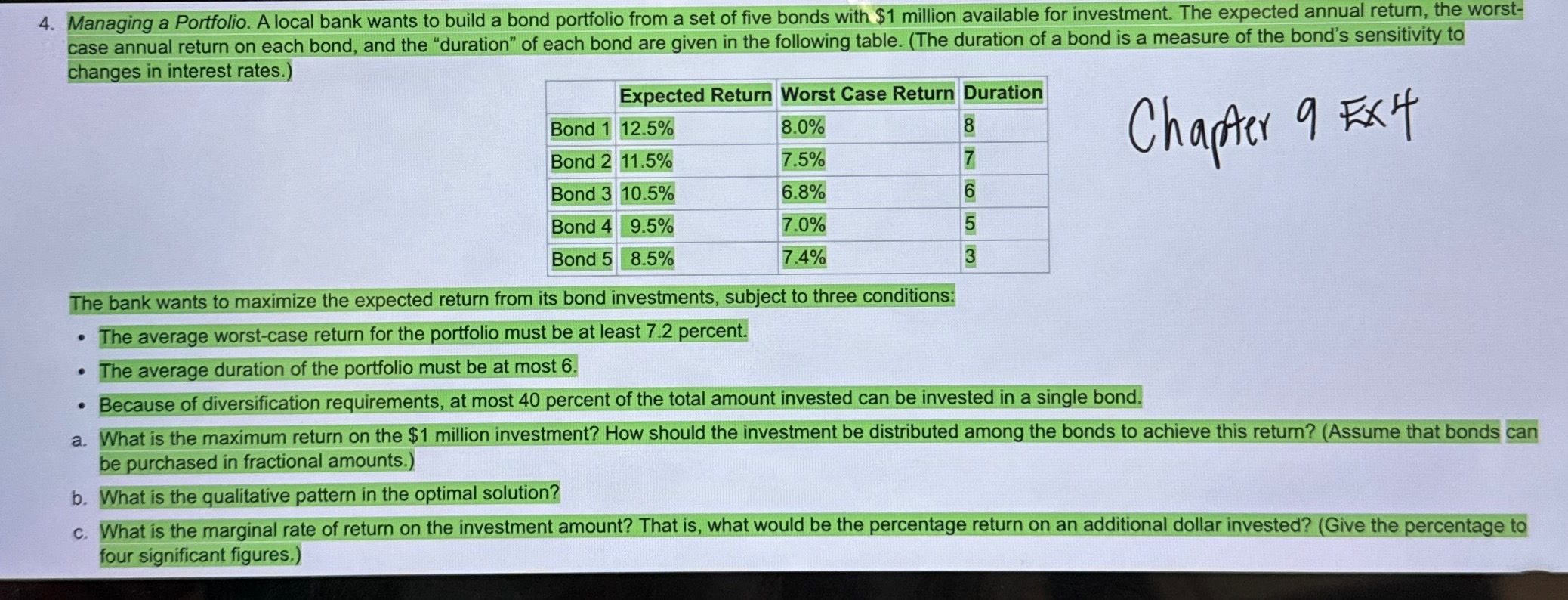  SOLVE IN EXCEL SPREADSHEET. Managing a Portfolio. A local bank wants