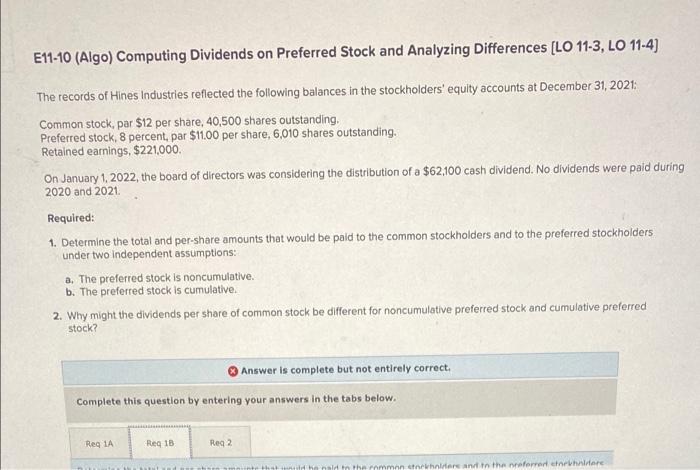 why is this wrong? E11-10 (Algo) Computing Dividends on Preferred Stock and