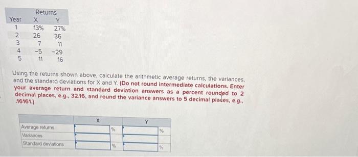  Using the returns shown above, calculate the arithmetic average returns, the
