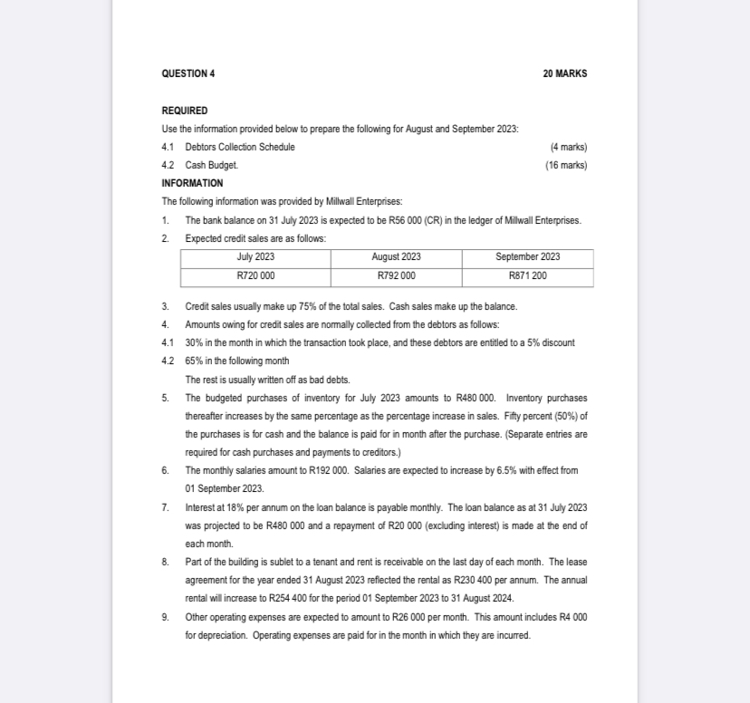  QUESTION 4 20 MARKS REQUIRED Use the information provided below to