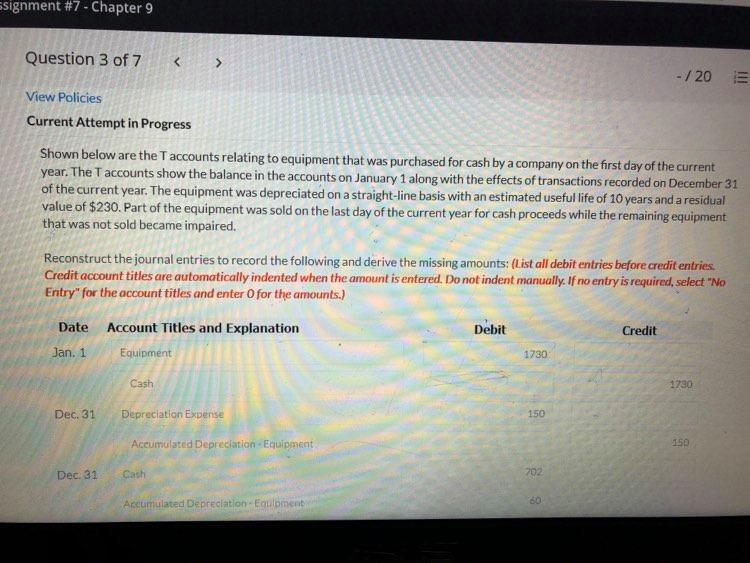  ssignment #7 - Chapter 9 Question 3 of 7 - /20