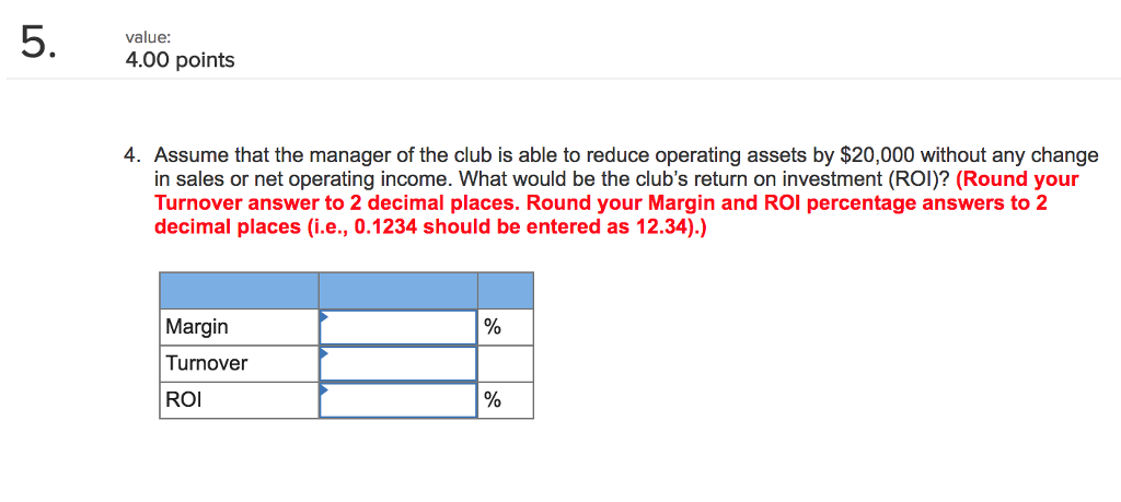 on return on investment (ROI). The company's Springfield Club reported the following