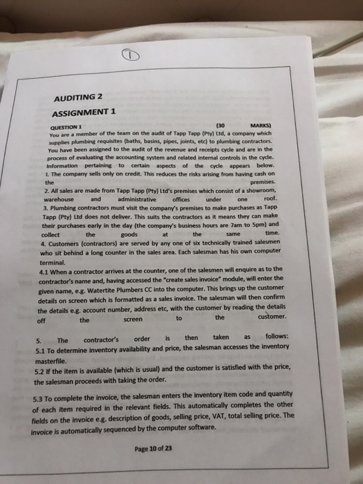  AUDITING 2 ASSIGNMENT 1 cho QUESTION 1 MARKS You are a
