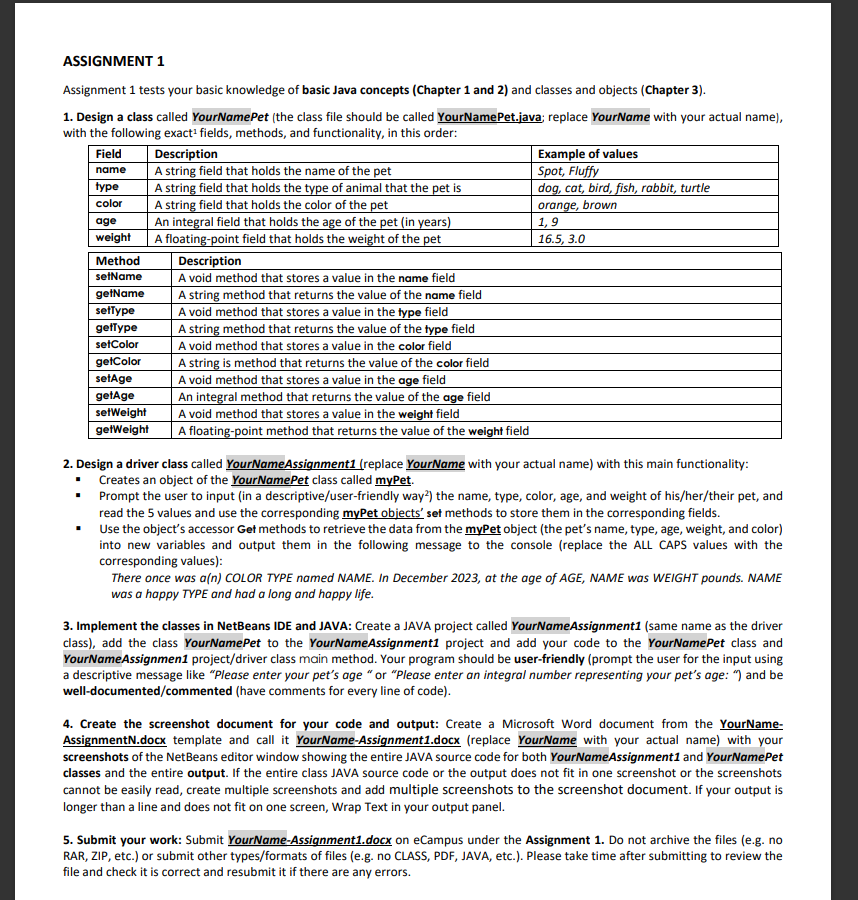 ASSIGNMENT 1 Assignment 1 tests your basic knowledge of basic Java