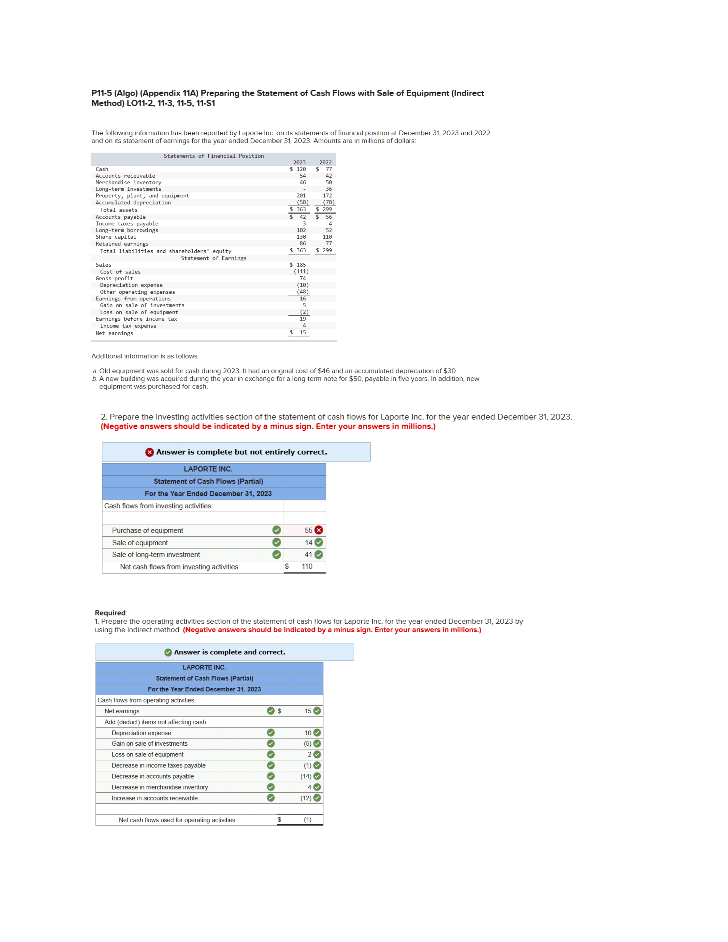  P11-5(Algo)(Appendix 11A) Preparing the Statement of Cash Flows with Sale of