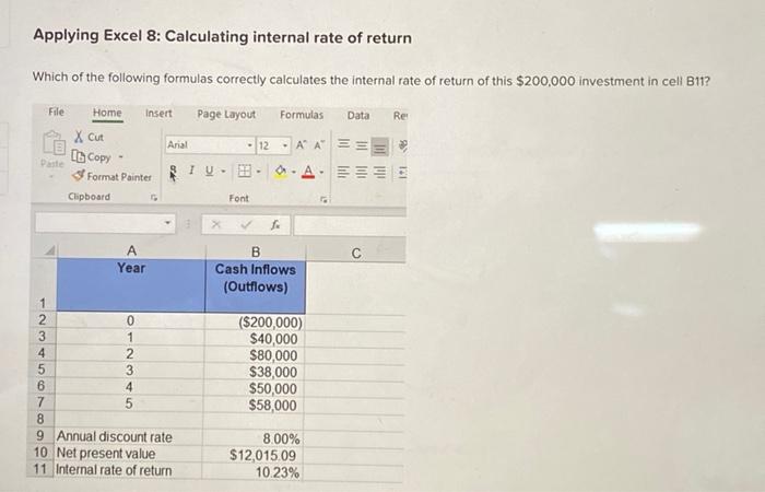  Please answer 1-4 Applying Excel 8: Calculating internal rate of return